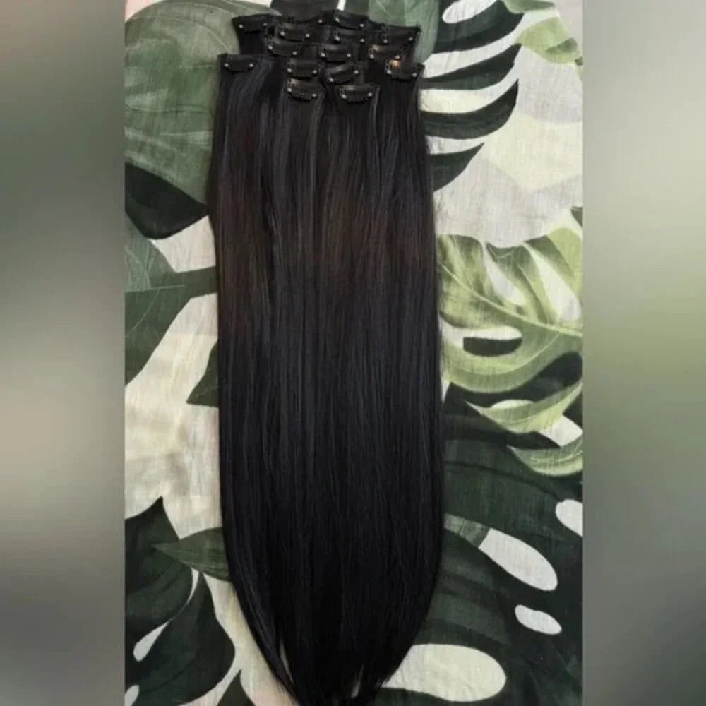 HUMAN HAIR BLEND 24 In Black Clip in Hair Extensions Straight Beautiful Hair